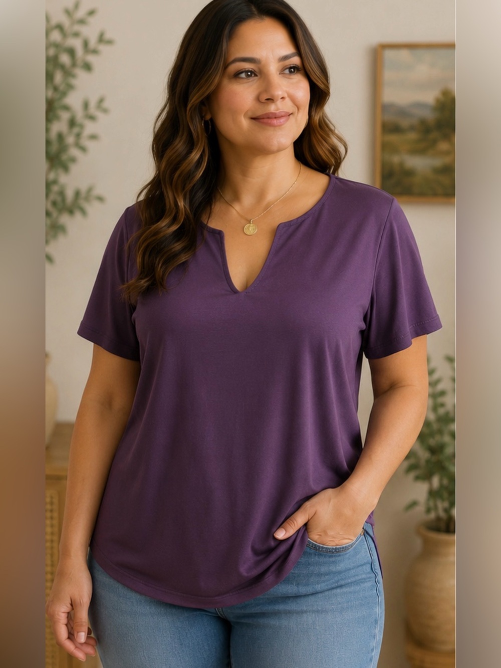 Venezia jeans -Purple Notch Neck Blouse XL Casual Chic Stretch Top